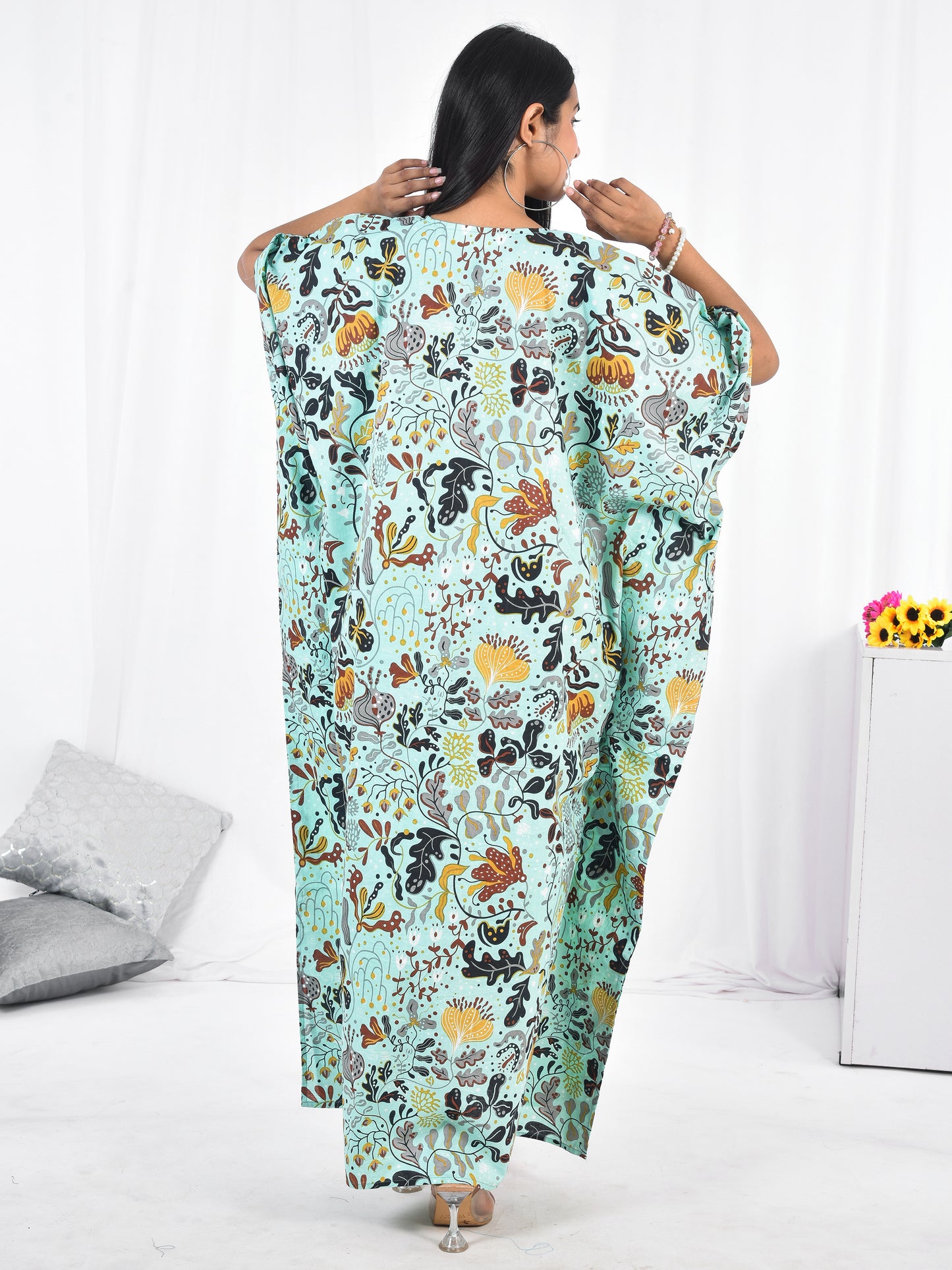 Hand-Block floral Print Cotton Kaftan