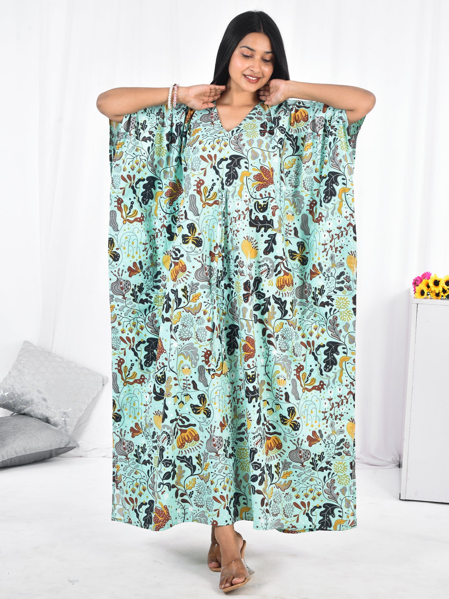 Hand-Block floral Print Cotton Kaftan