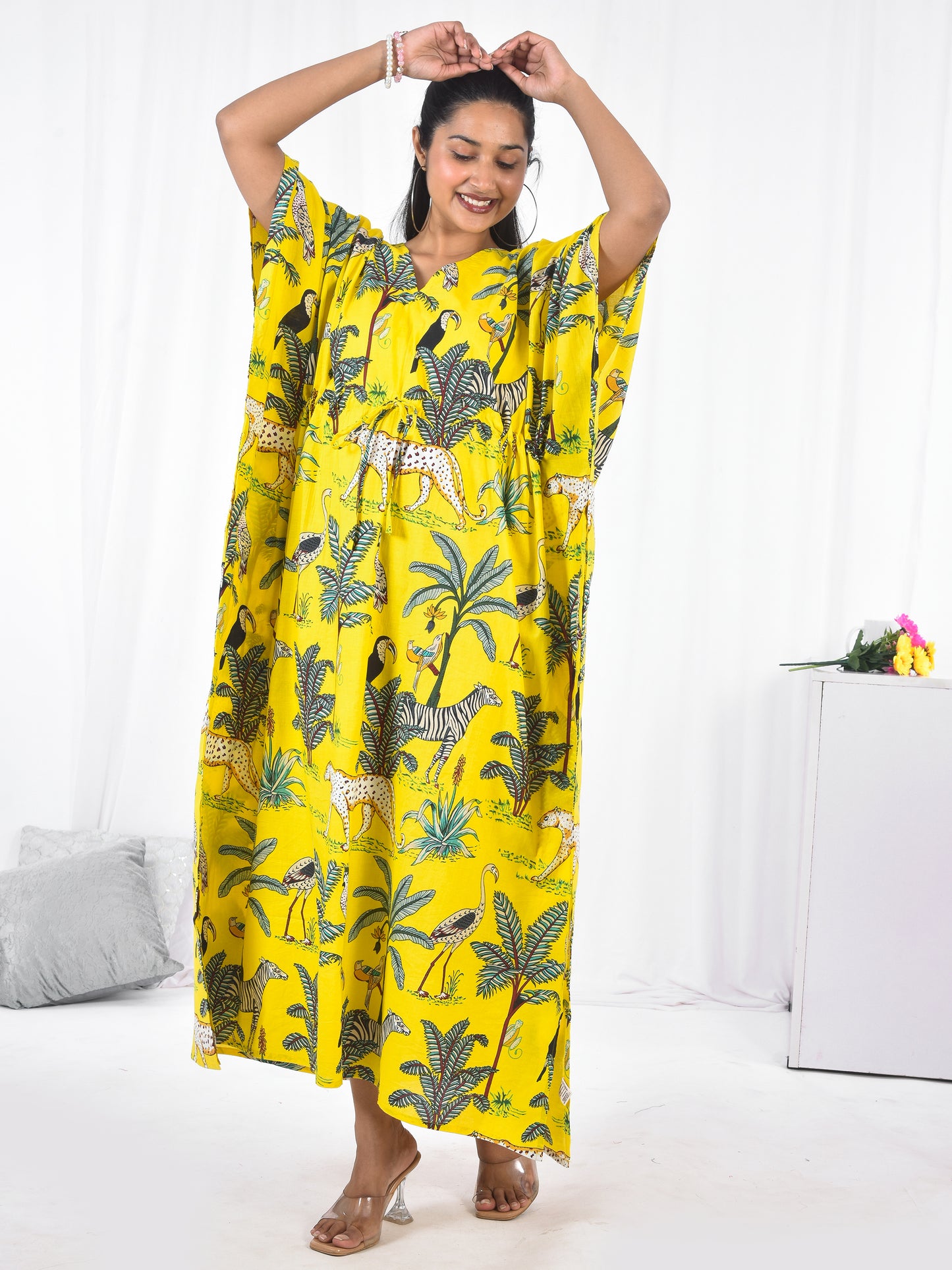 Hand Block Animal Printed Cotton Kaftan - Yellow