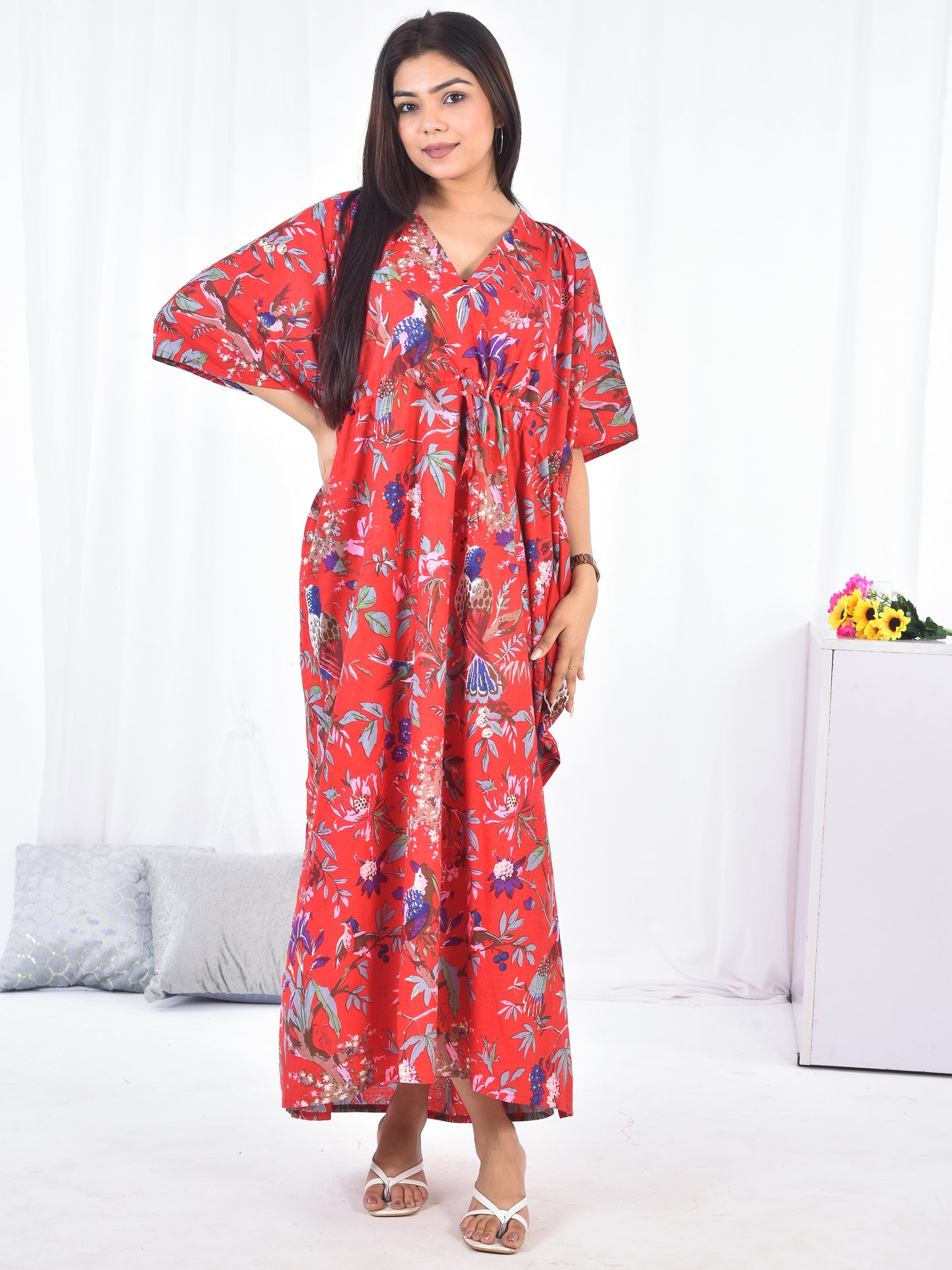 Hand Block Animal Printed Cotton Kaftan in Red