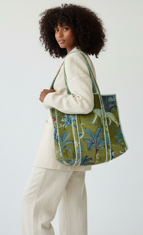 Velvet Block Printed Green Jungle Tote Bag
