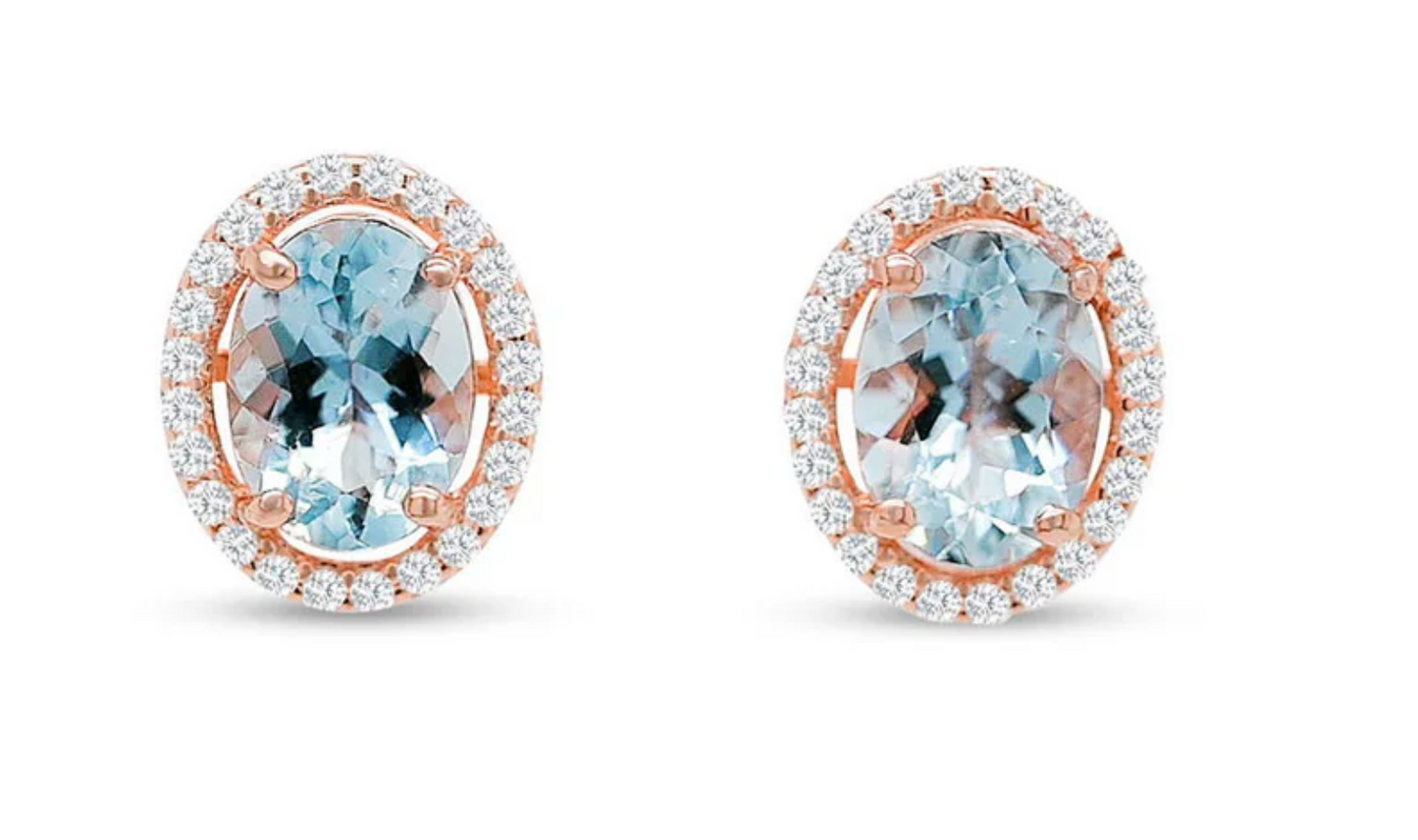 Oval Aquamarine and Round CZ / Rose Metal Plated Sterling Silver 23ct / 1.45 Gm Earring PJC2142E