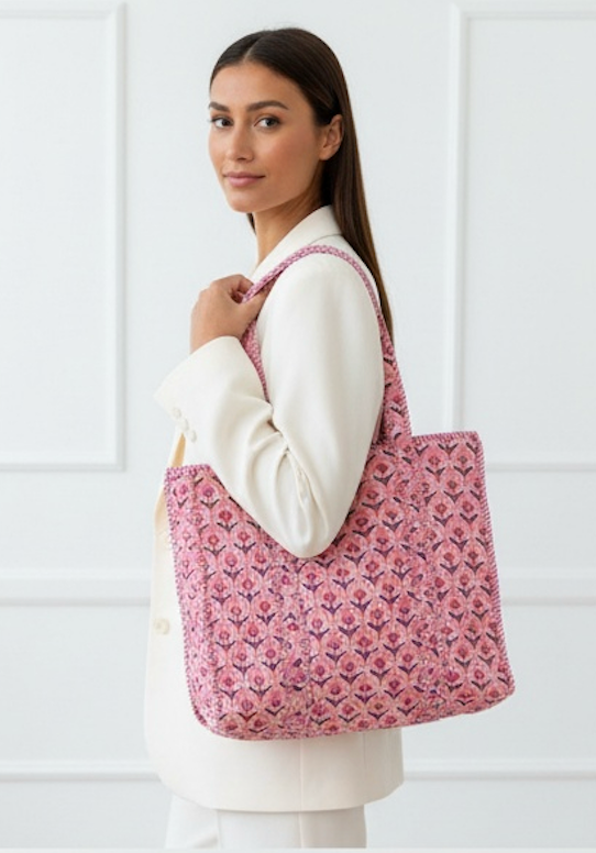 Pink Block Printed Tote Bag
