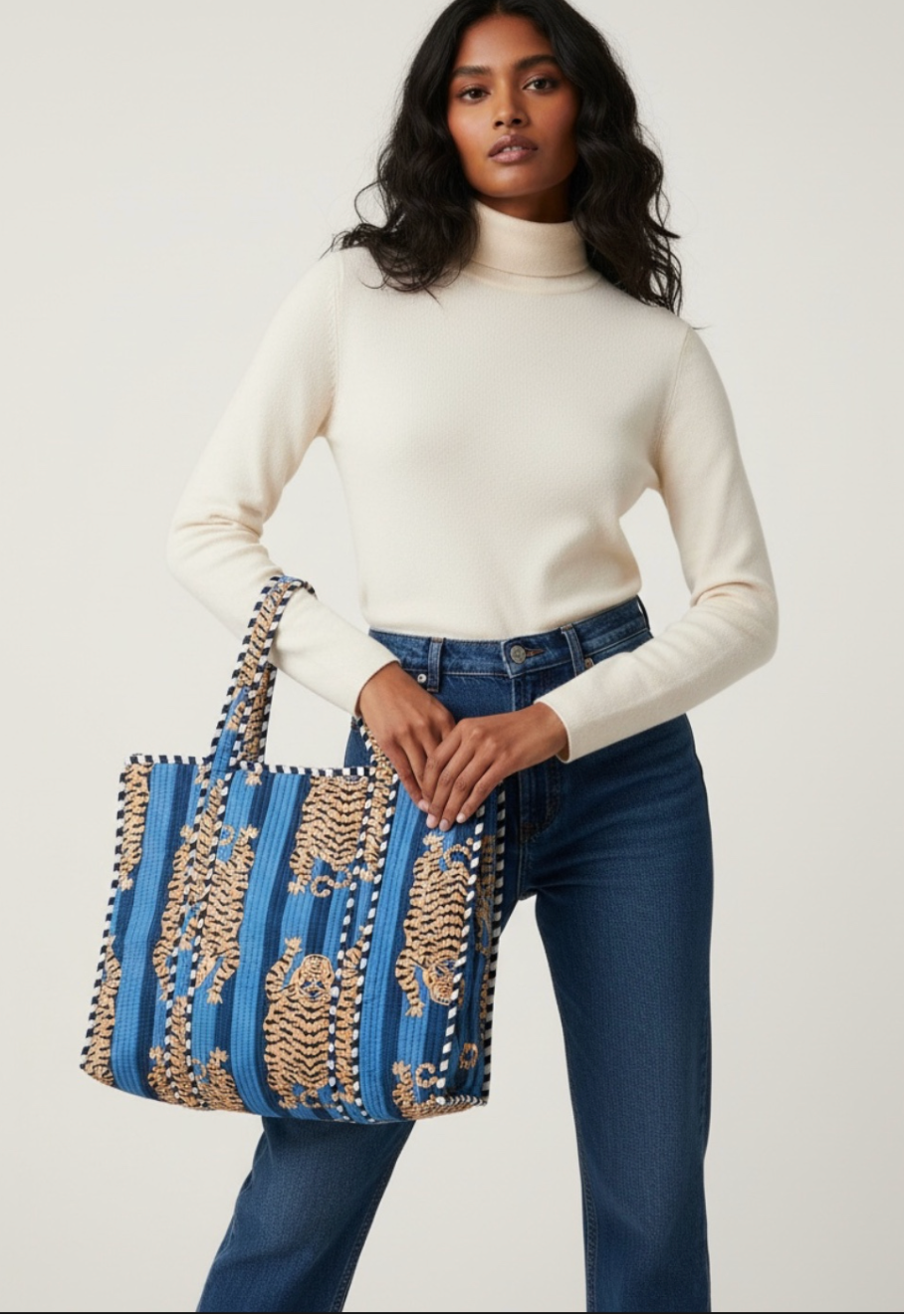 Blue Block Printed Tote Bag
