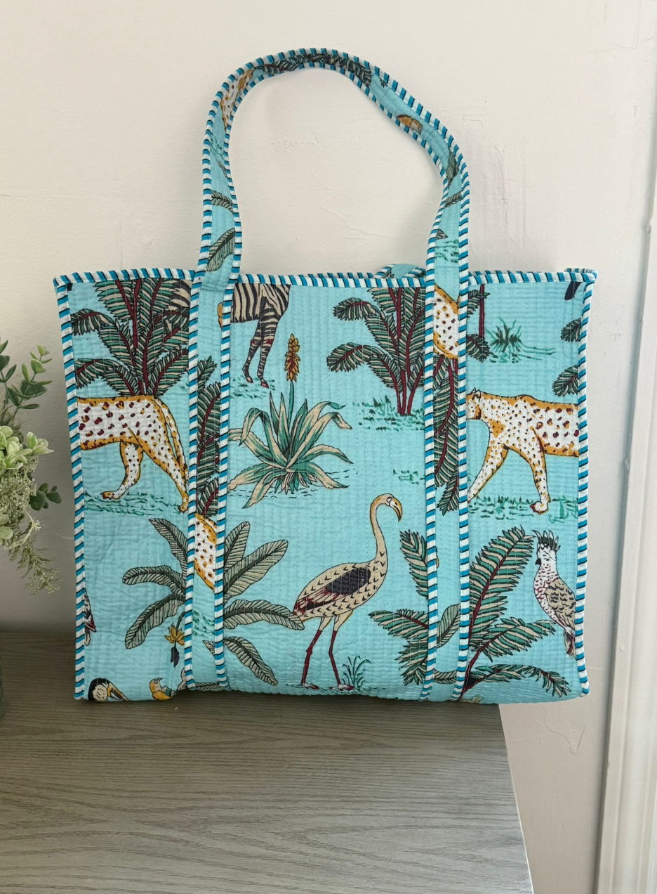 Baby Blue Animal Block Printed Tote Bag
