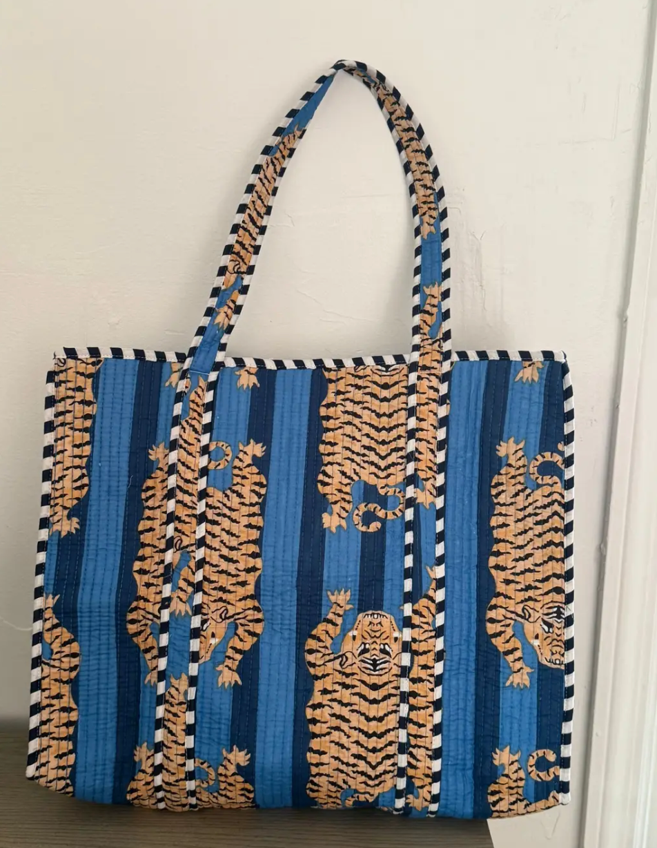 Blue Block Printed Tote Bag