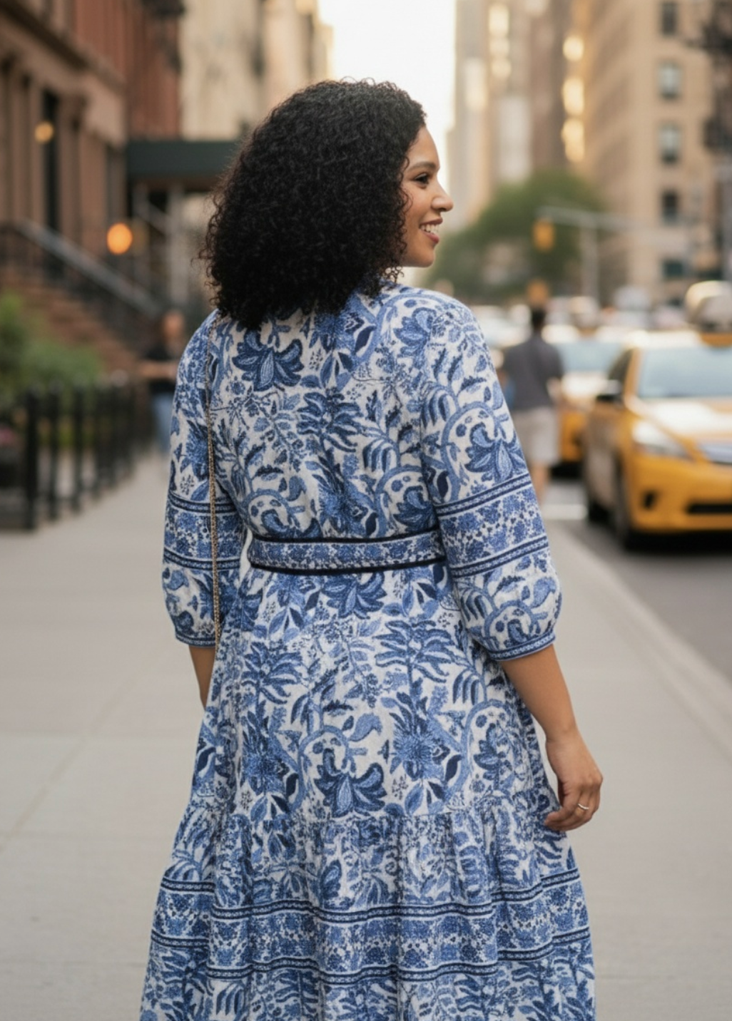 Blue Block Printed Midi Dress with Belt