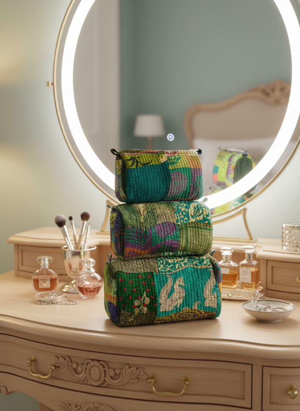 Green Patchwork Toiletry Bag - Set of 3