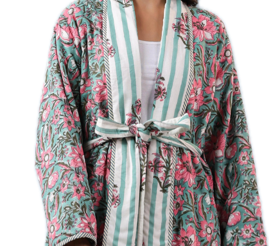 GREEN FLORAL HAND BLOCK PRINT ROBE