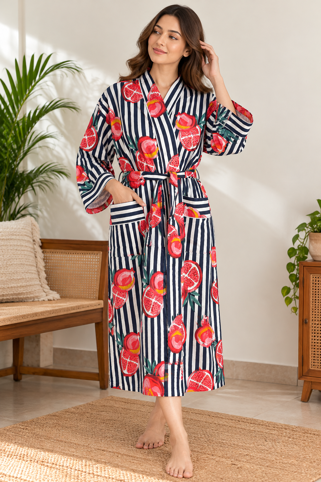 Slate Grey & White Stripe Cotton Kimono | Pomegranate Motif Block Print Spa Robe