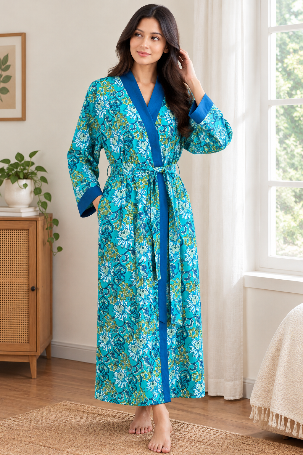 Handcrafted Block Print Cotton Kimono Robe | Turquoise & Blue Floral Botanical Lounge Robe | Spa & Sleepwear