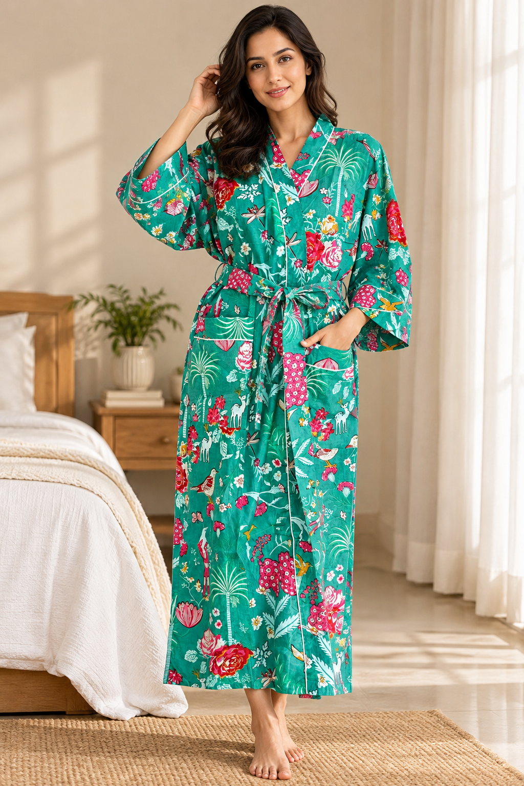 Hand Block Print Cotton Kimono Robe | Olive Green & Magenta Floral Garden Lounge Robe | Spa & Sleepwear