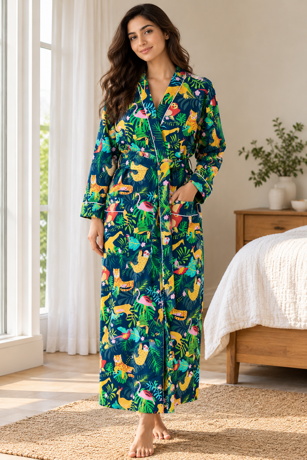 Navy Blue & Multicolored Tropical Animal Print Cotton Kimono | Jungle Foliage & Sloth Motif Bathrobe