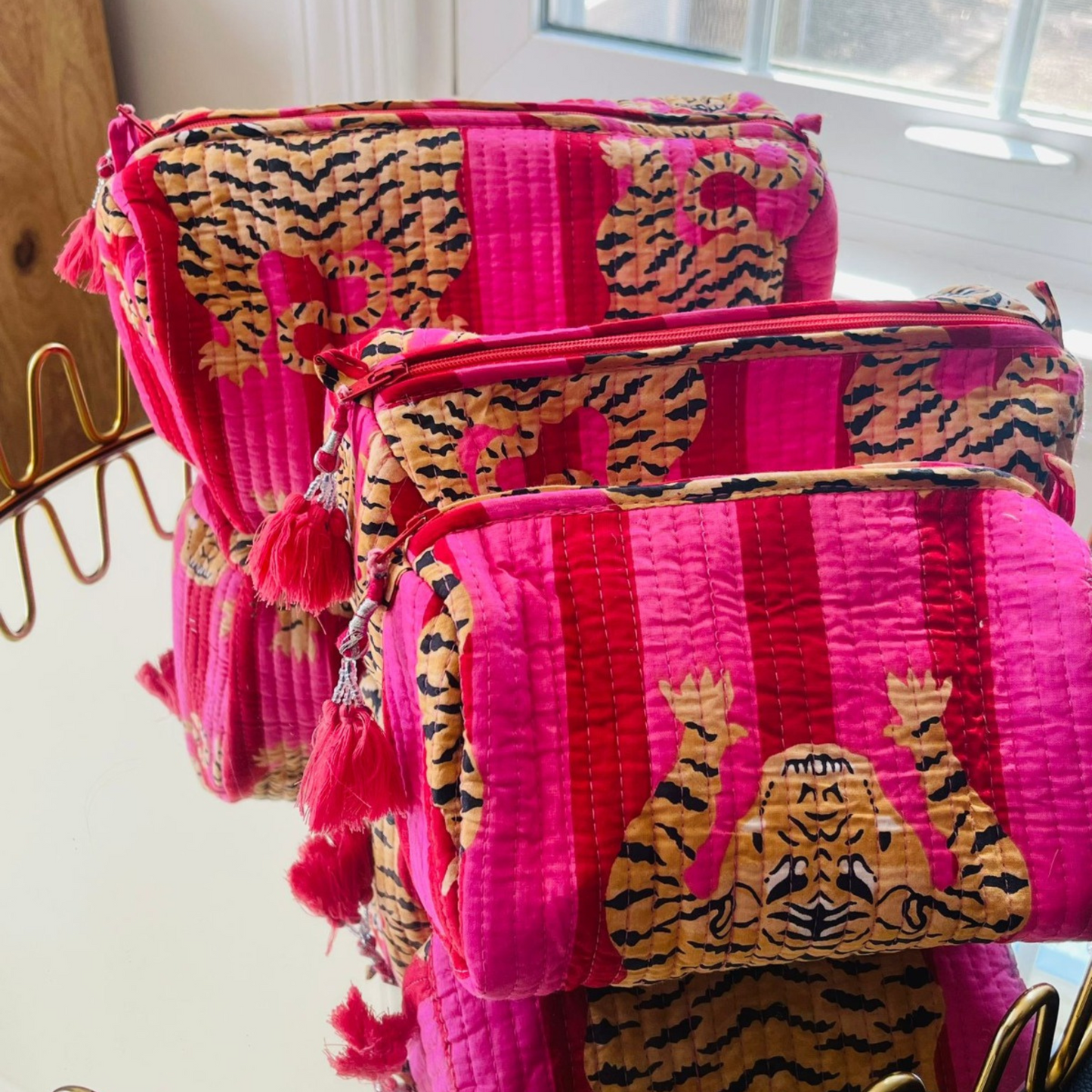 Tiger Block Printed Toiletry Bag in Pink - Set of 3