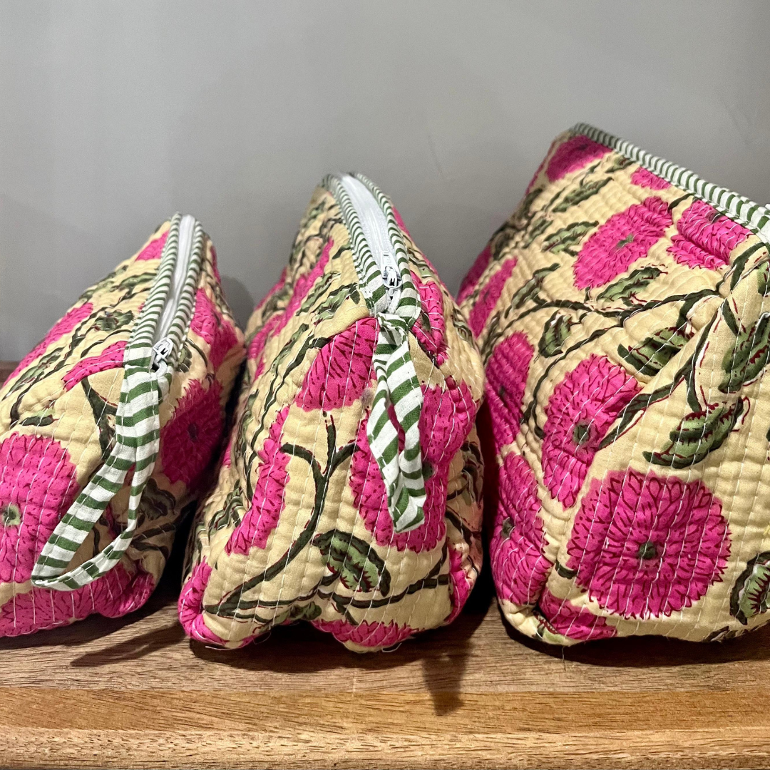Block Printed Toiletry Bag in Pink Florals - Set of 3