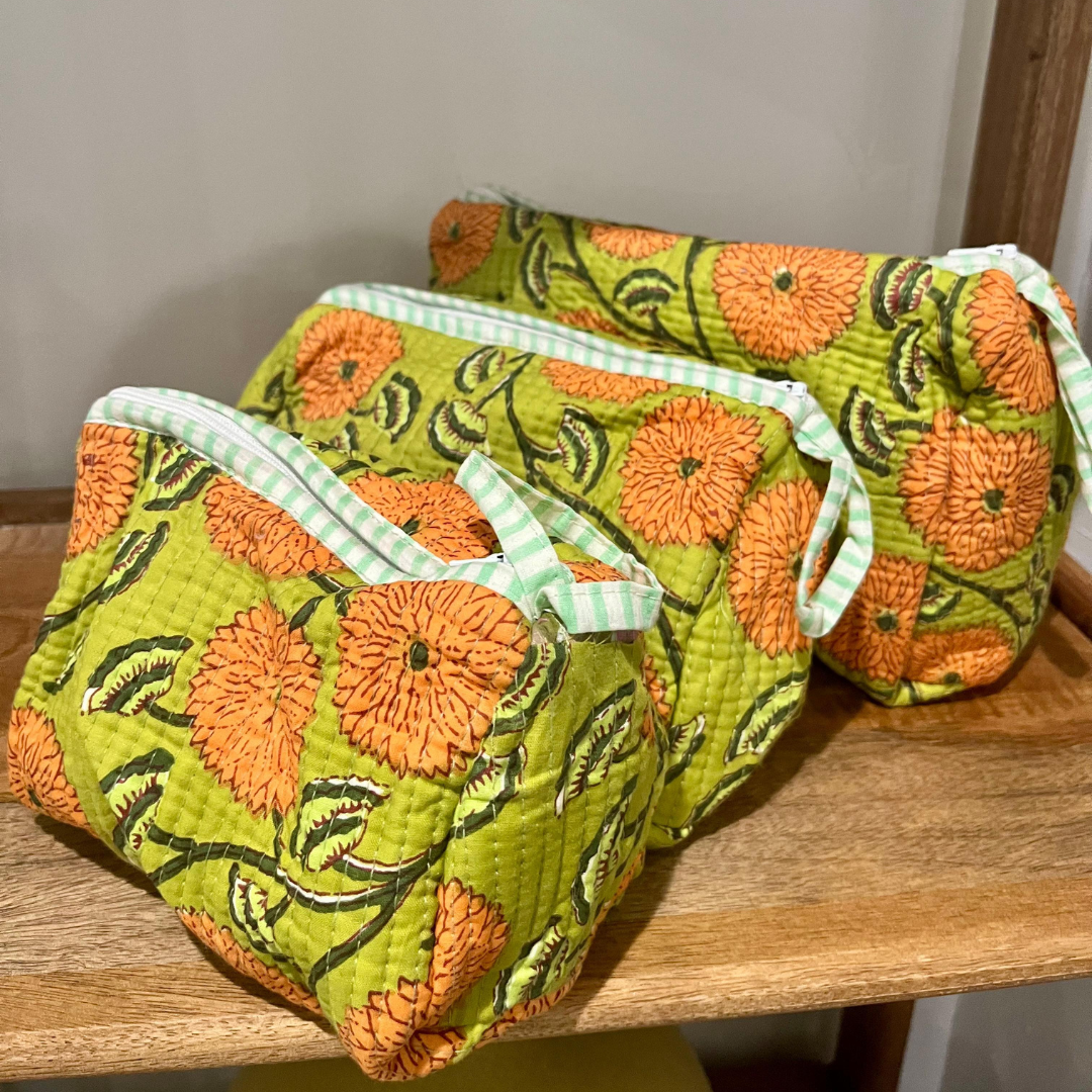 Block Printed Toiletry Bag in Yellow Florals - Set of 3