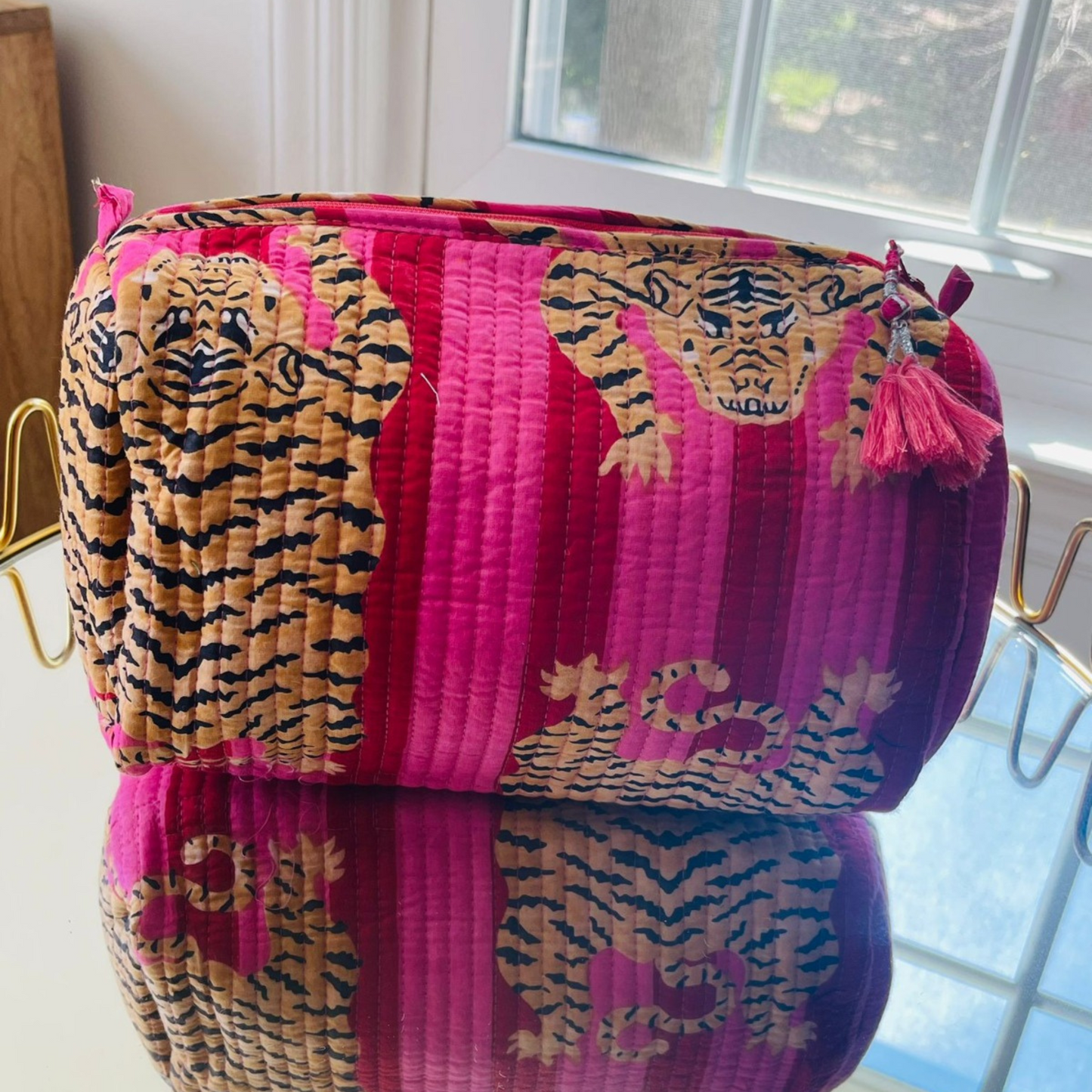 Tiger Block Printed Toiletry Bag in Pink - Set of 3
