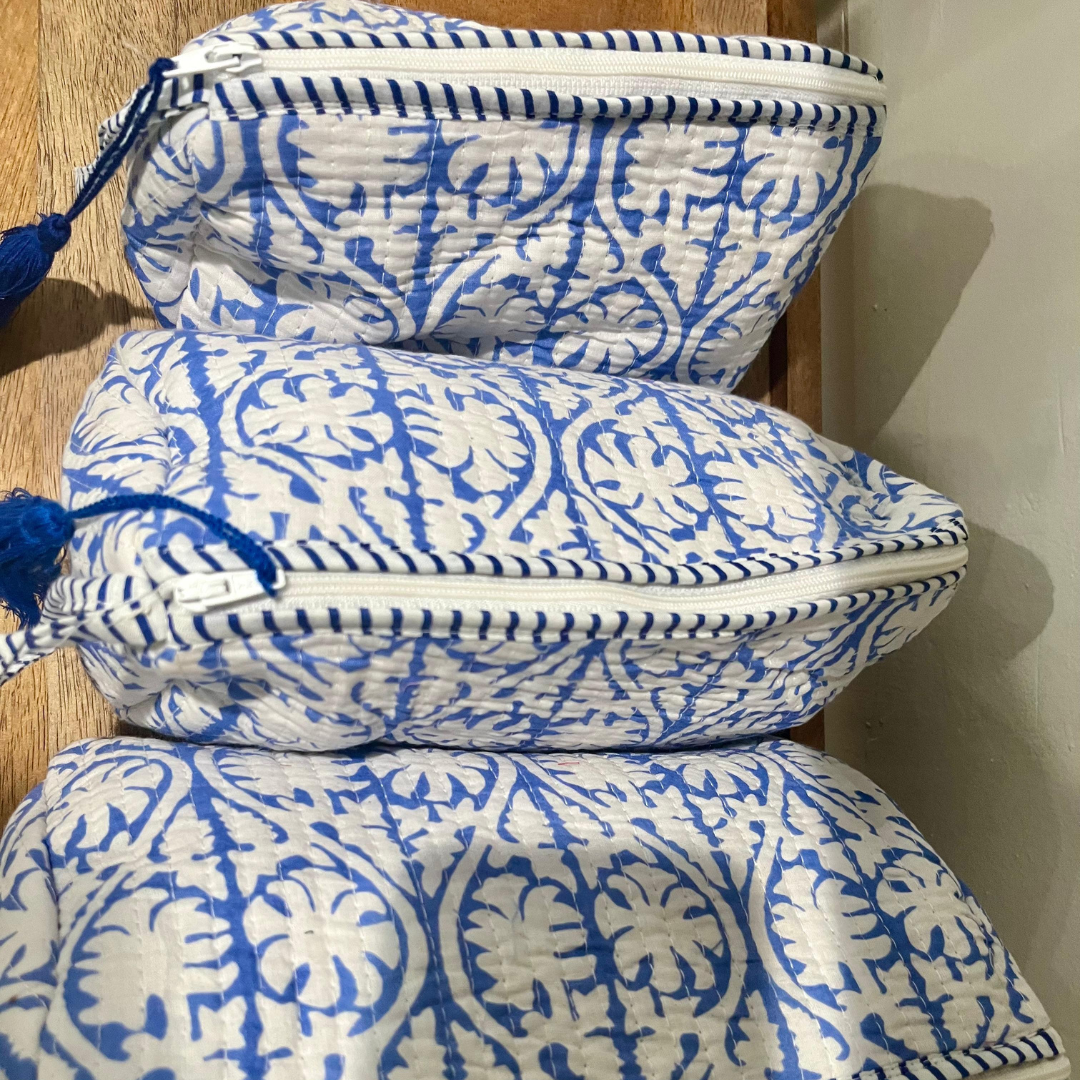 Block Printed Toiletry Bag in Blue - Set of 3