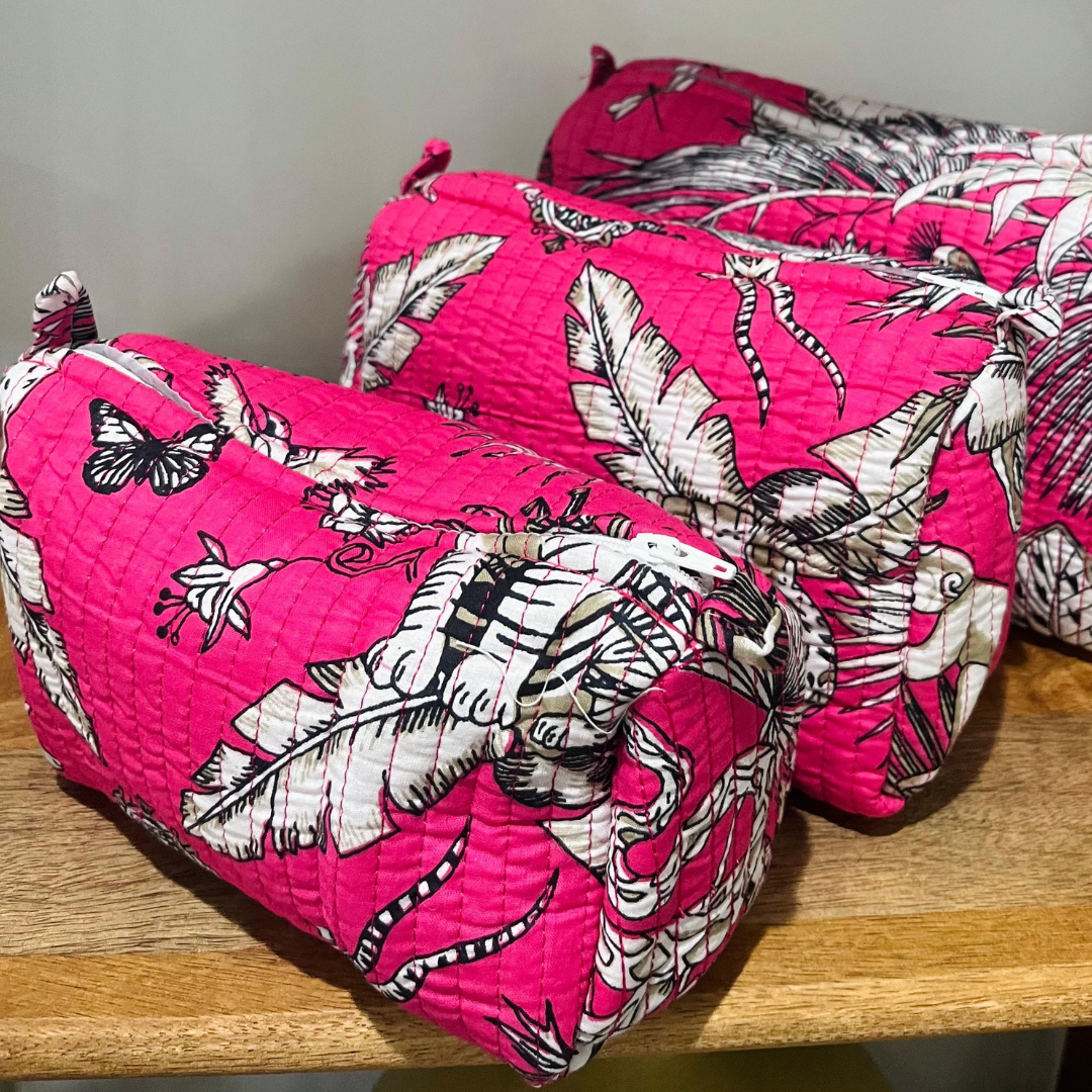 Block Printed Toiletry Bag in Pink - Set of 3