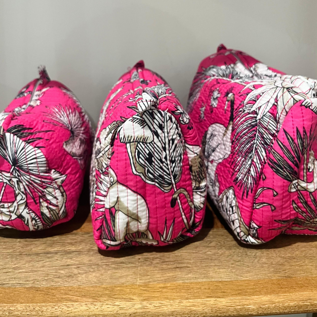 Block Printed Toiletry Bag in Pink - Set of 3