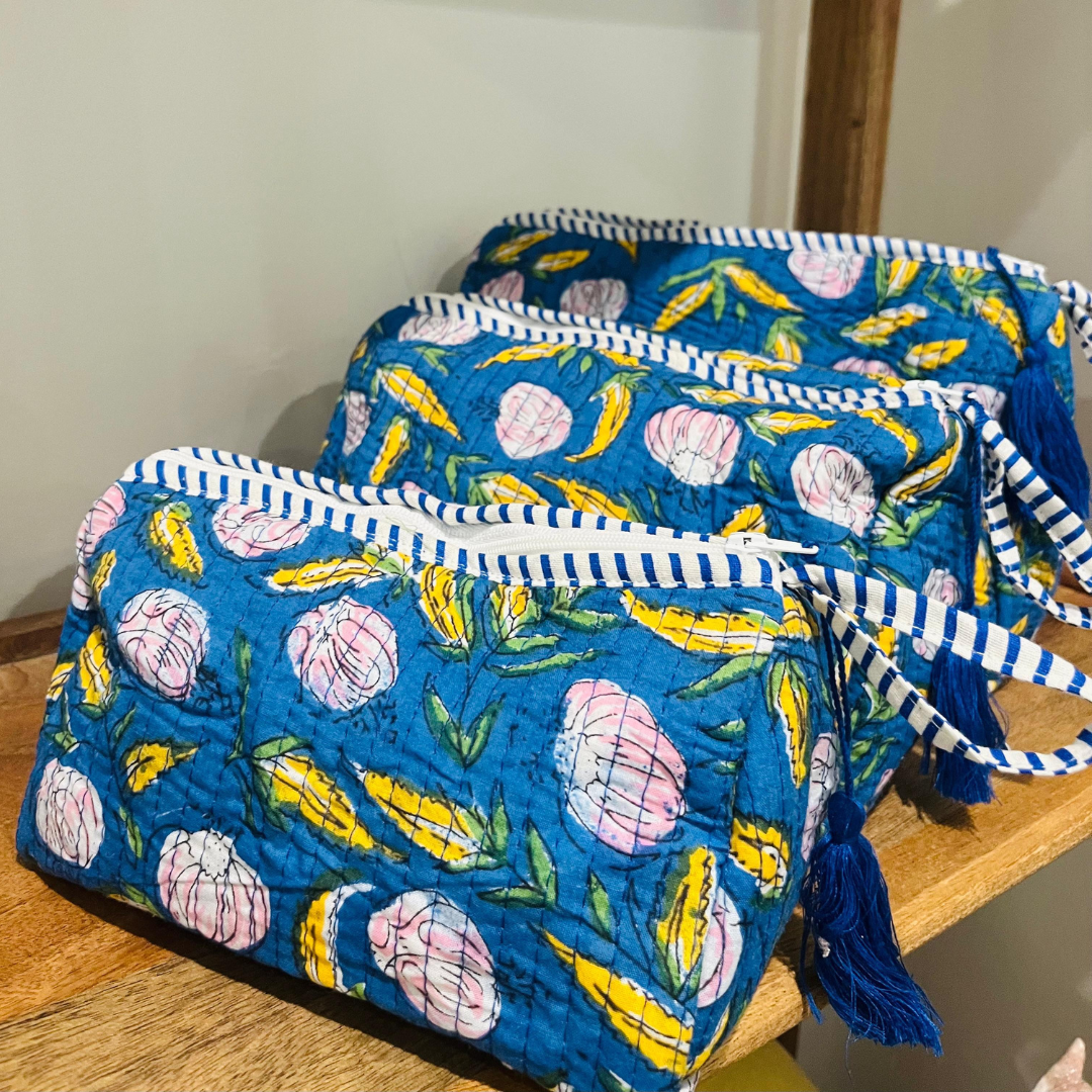 Block Printed Toiletry Bag in Navy Blue - Set of 3