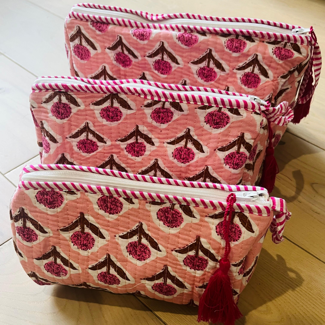 Block Printed Toiletry Bag in Pink - Set of 3