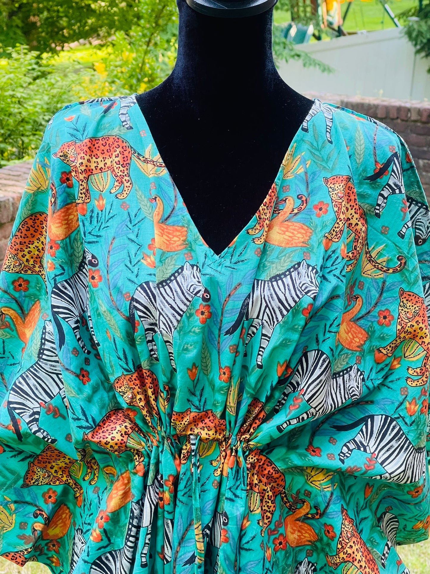 Animal Block Printed Cotton Kaftan - Blue