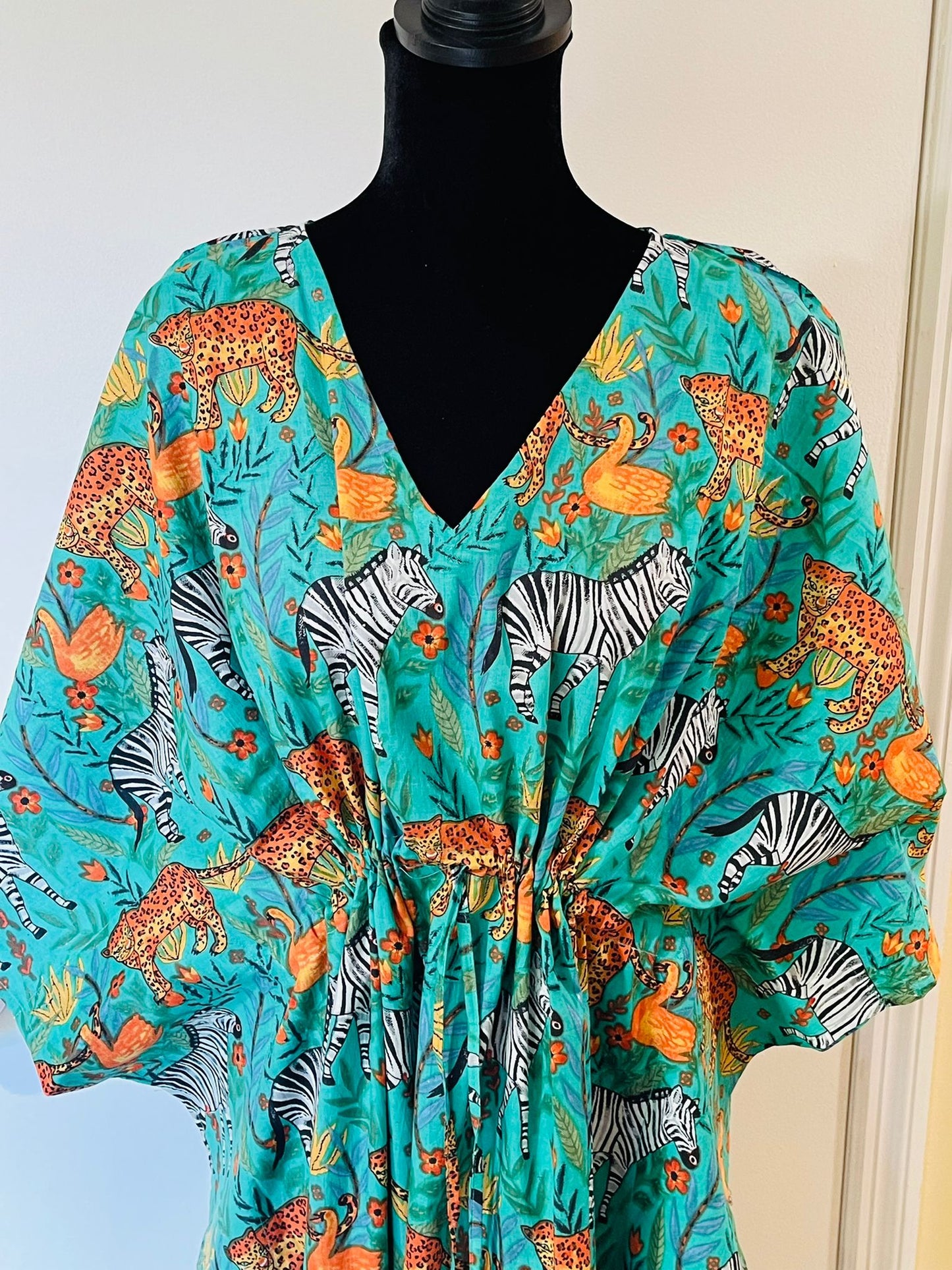 Animal Block Printed Cotton Kaftan - Blue