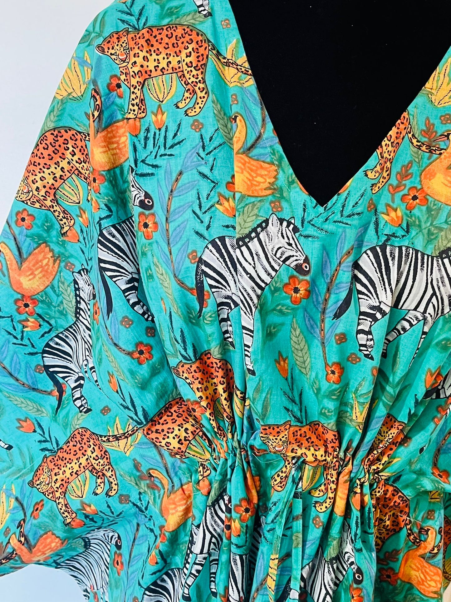 Animal Block Printed Cotton Kaftan - Blue