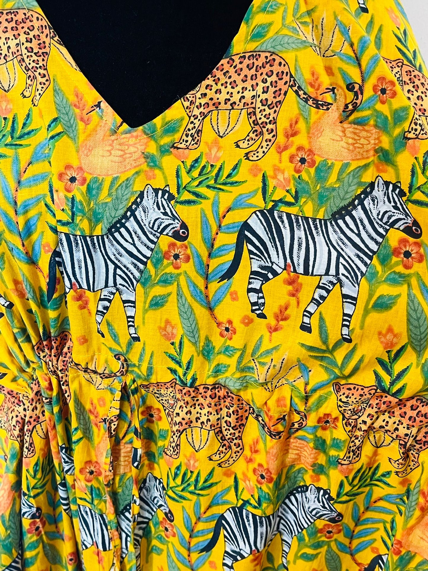 Animal Block Printed Cotton Kaftan - Yellow