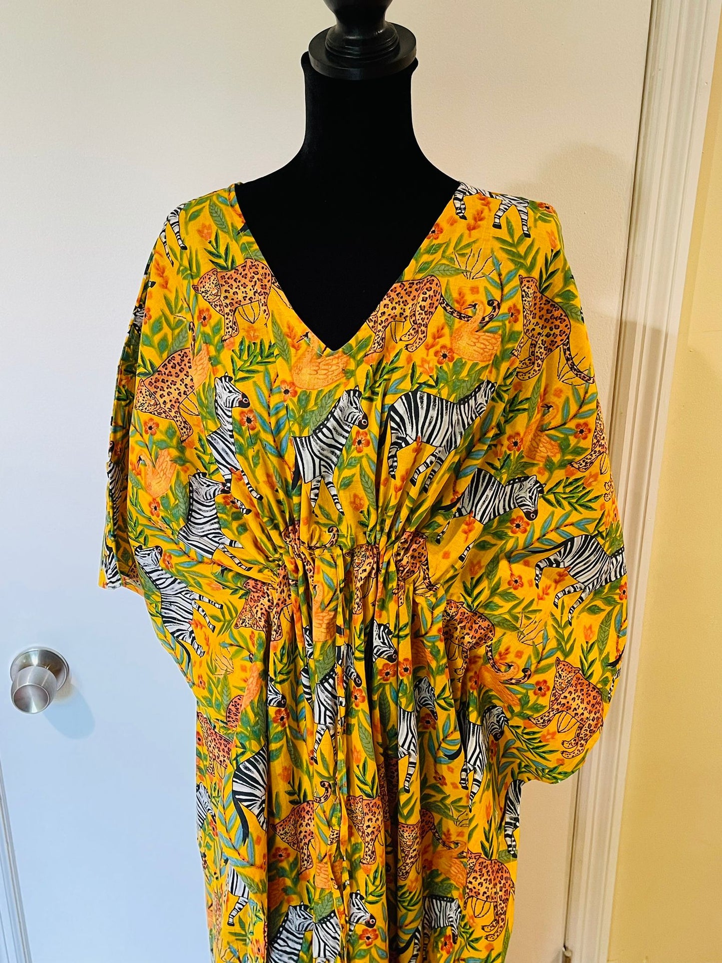 Animal Block Printed Cotton Kaftan - Yellow