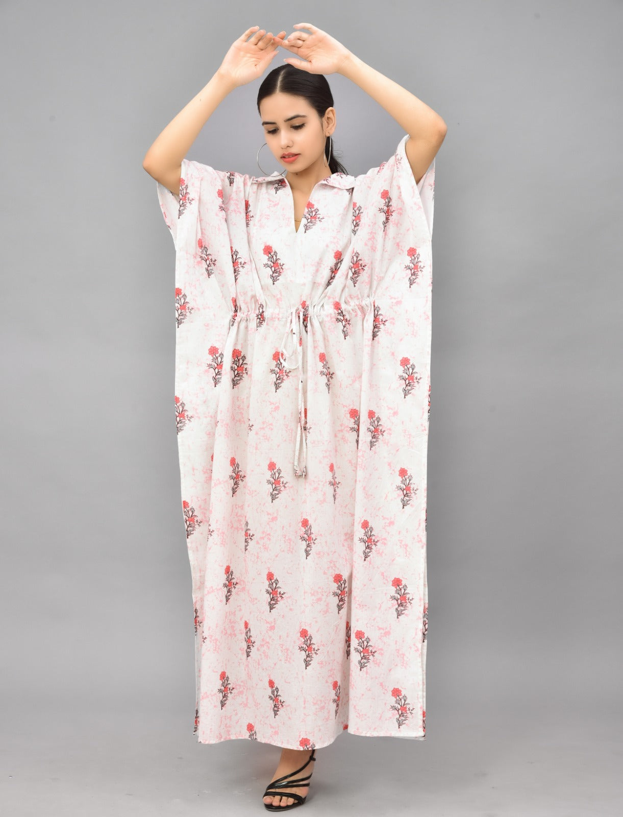 Floral Block Printed Cotton Kaftan - Pink