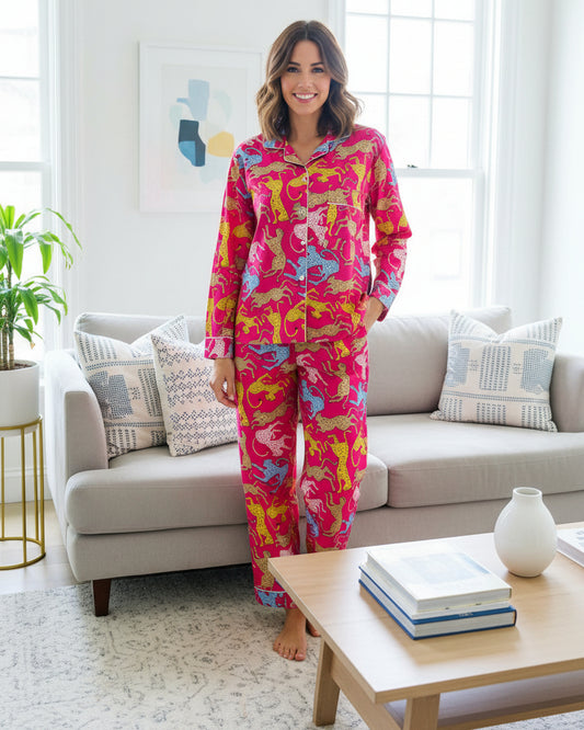 Magenta Pink Leopard & Cheetah Print Cotton Pajama Set, Playful Wild Animal Sleepwear & Loungewear, Gift For Her