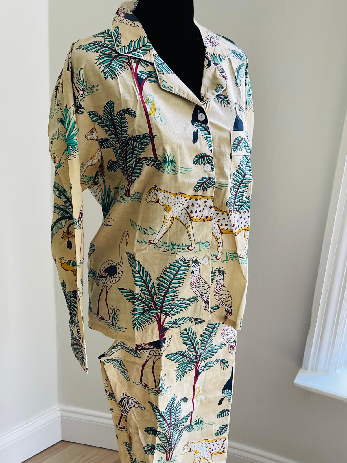 Long Pajama Set in Cream Jungle Print