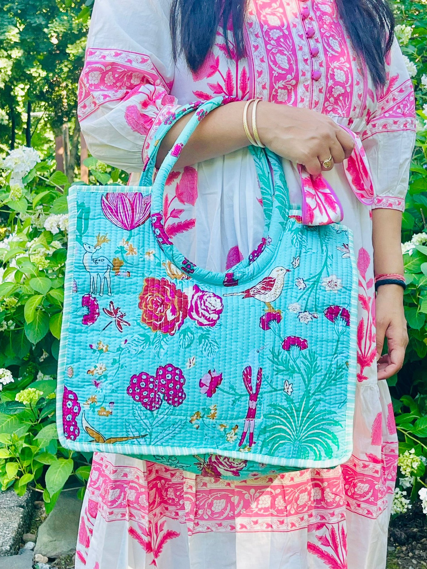 Floral Block Printed Tote Bag