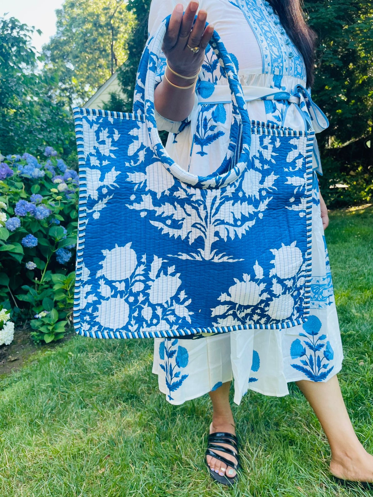 Blue Block Printed Tote Bag