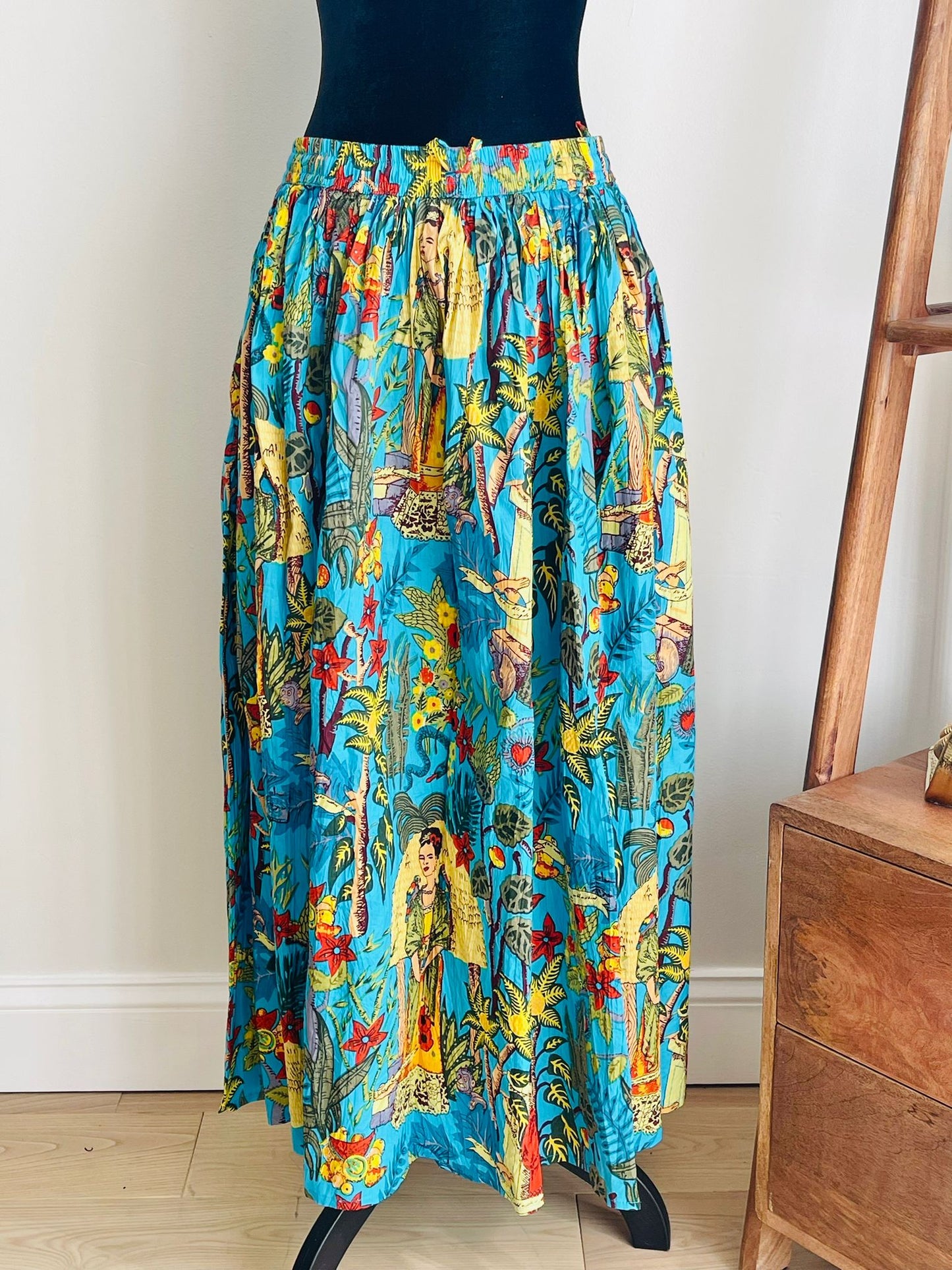 Hand Block Print Blue Frida Kahlo Cotton Skirt