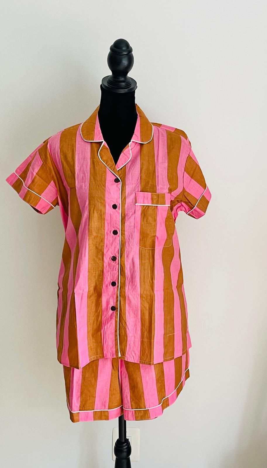 Short PJ Set in Pink & Brown Stripes