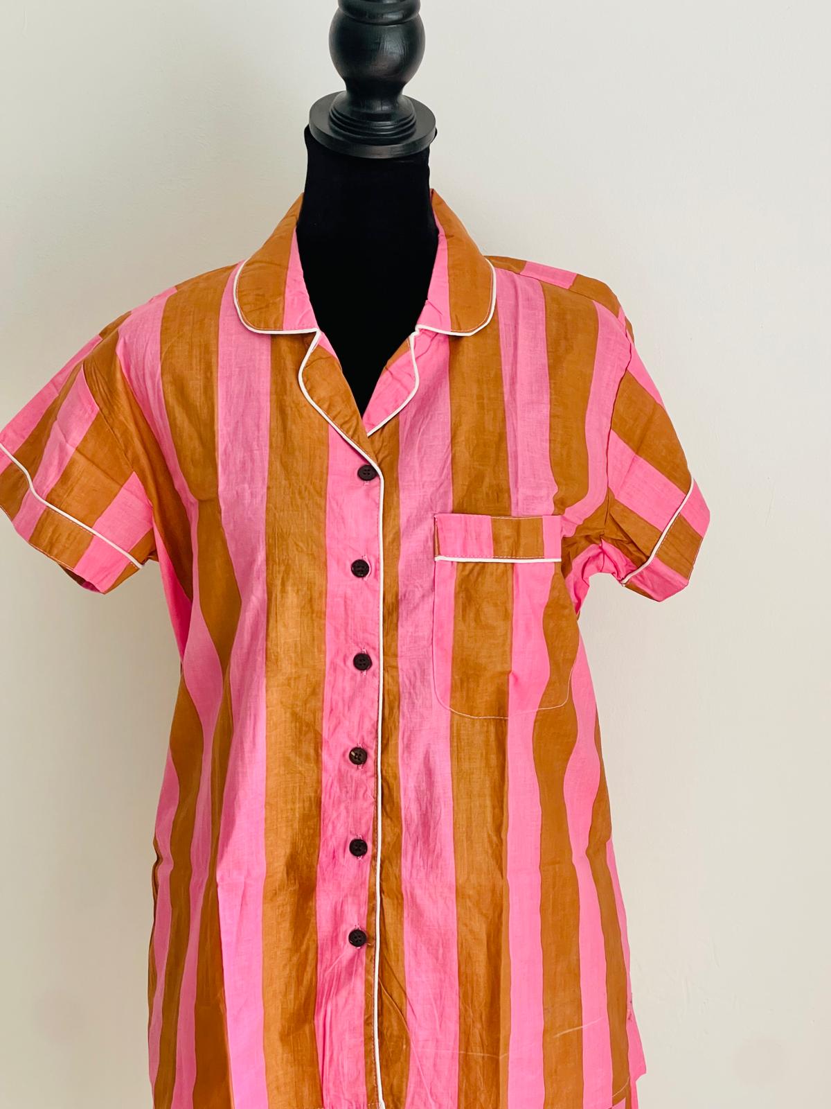 Short PJ Set in Pink & Brown Stripes