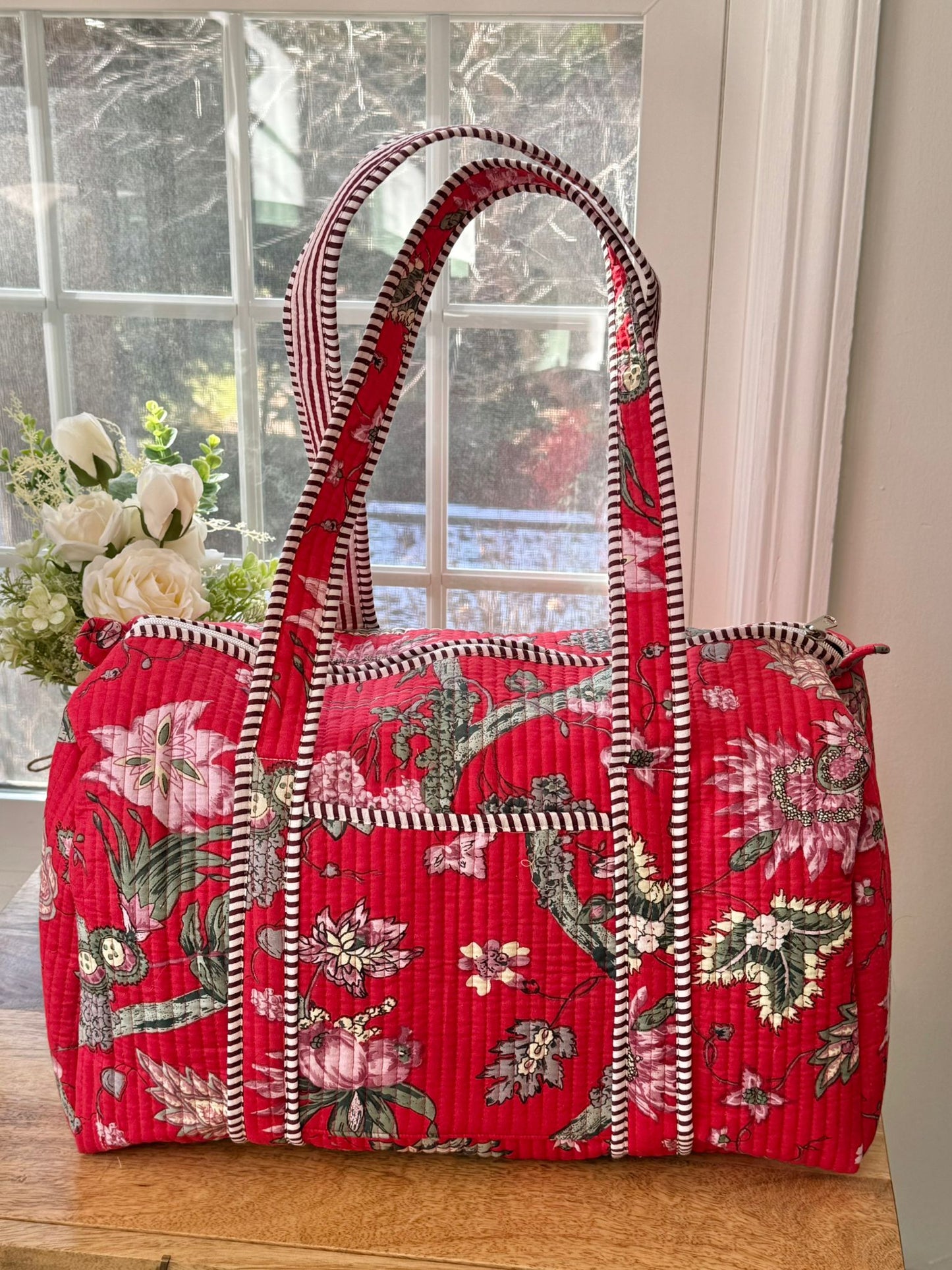 Red Block Printed Duffel Bag