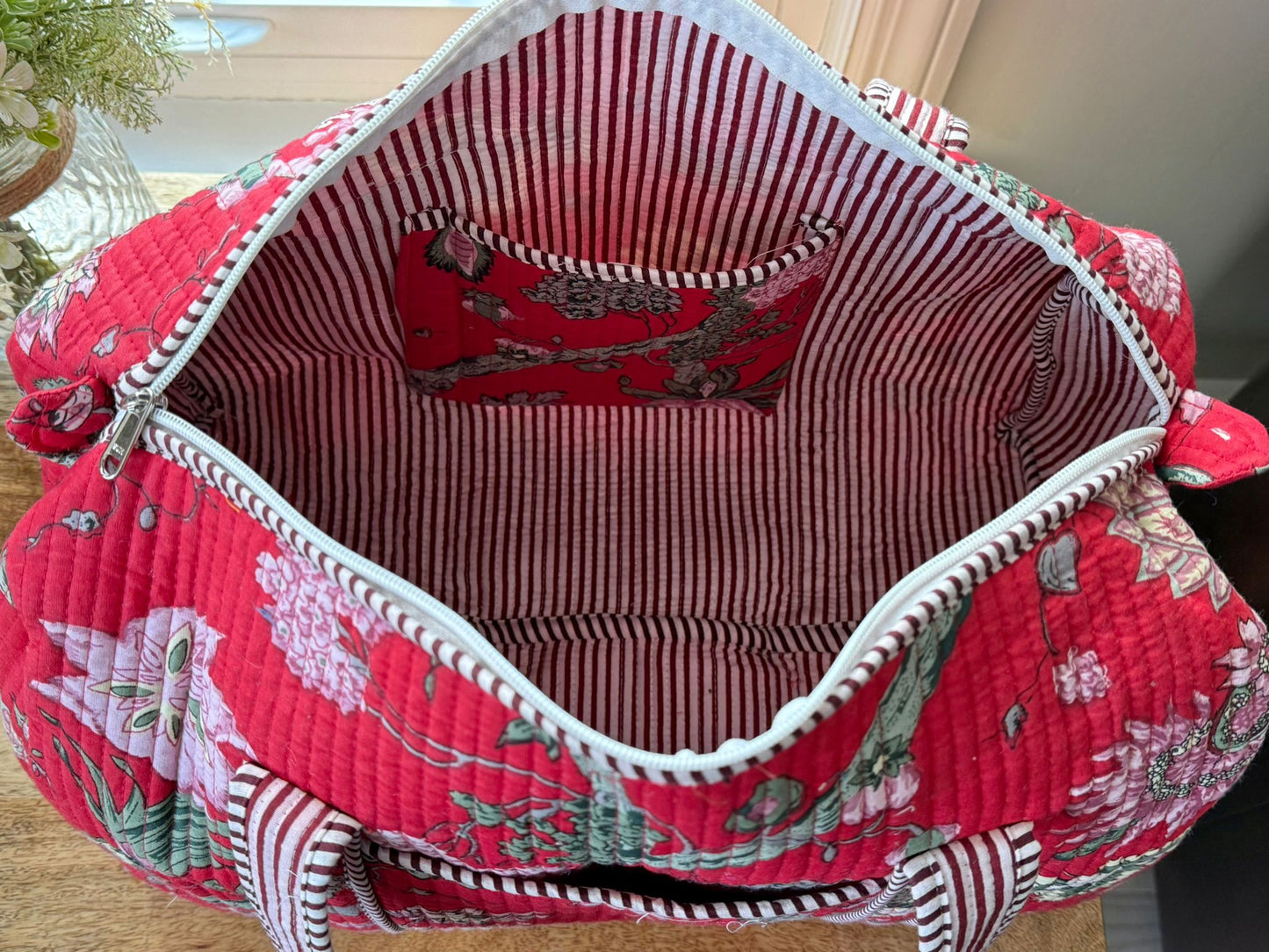 Red Block Printed Duffel Bag