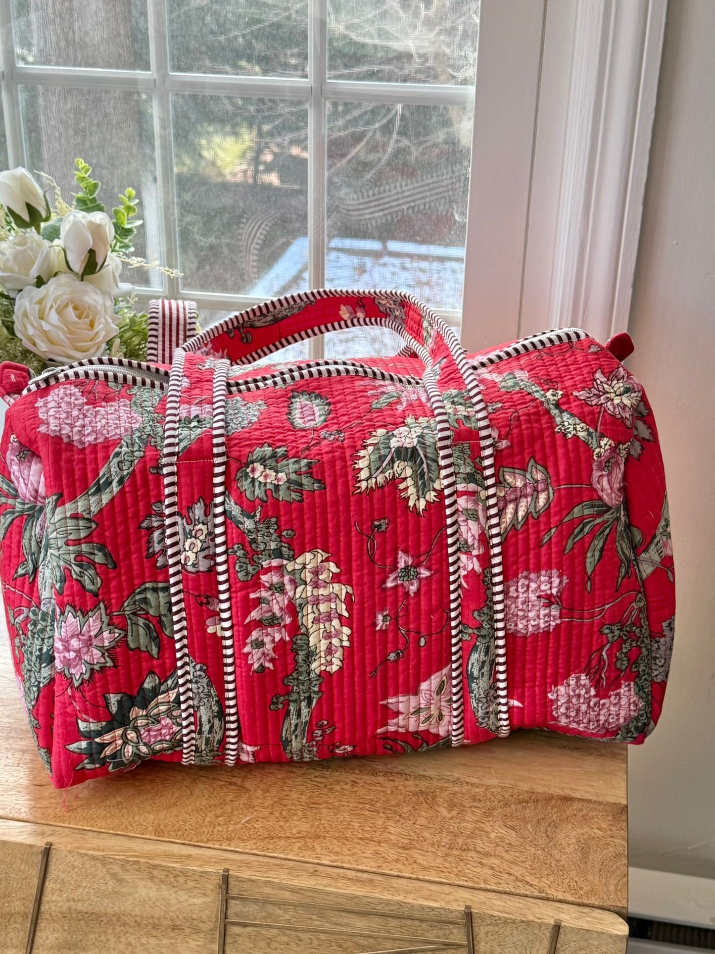 Red Block Printed Duffel Bag