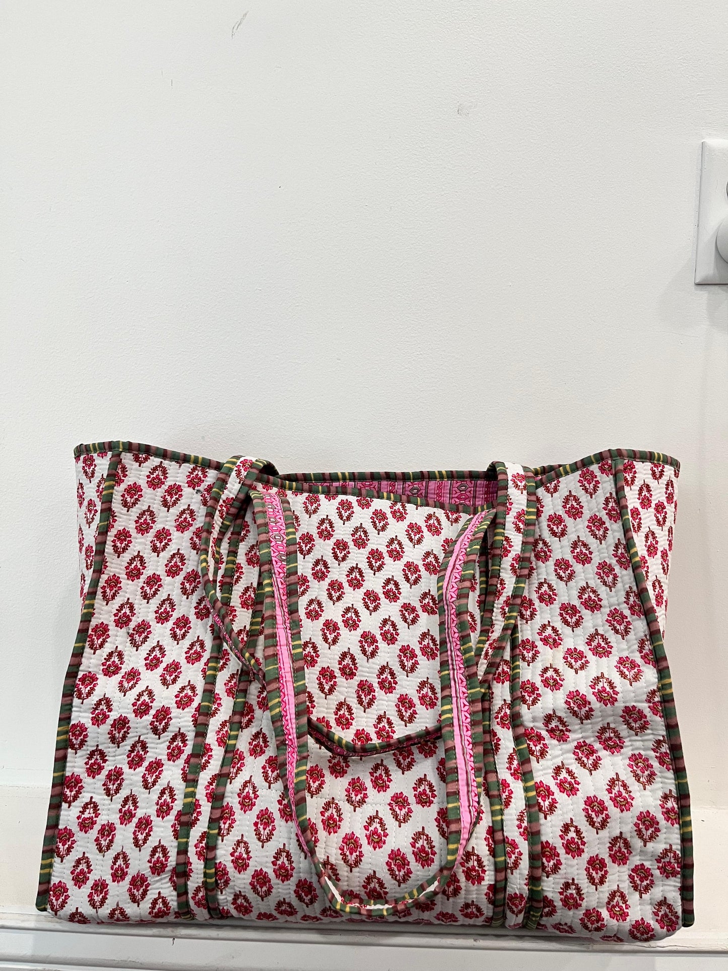 Red & White Block Printed Tote Bag