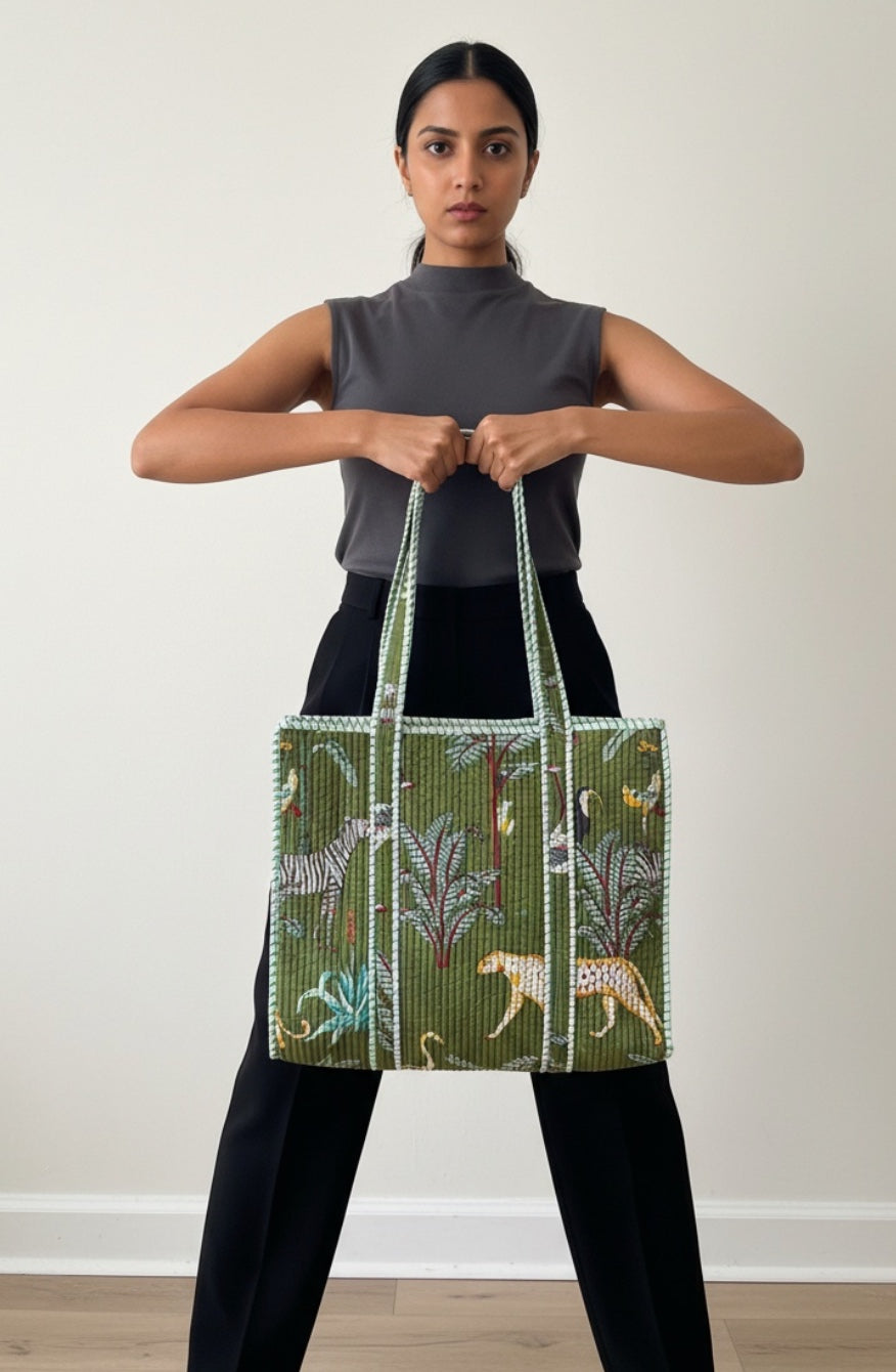 Block Printed Green Tote Bag