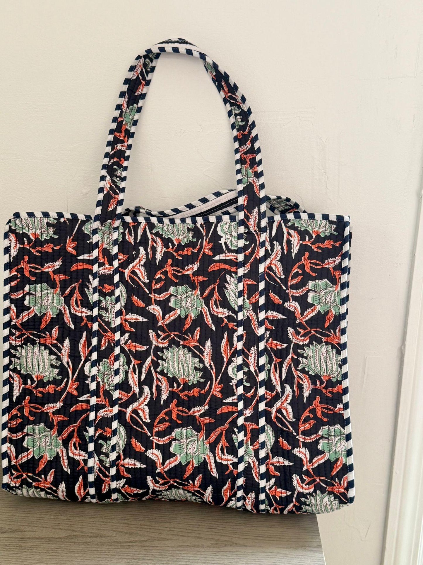 Black Floral Cotton Tote Bag