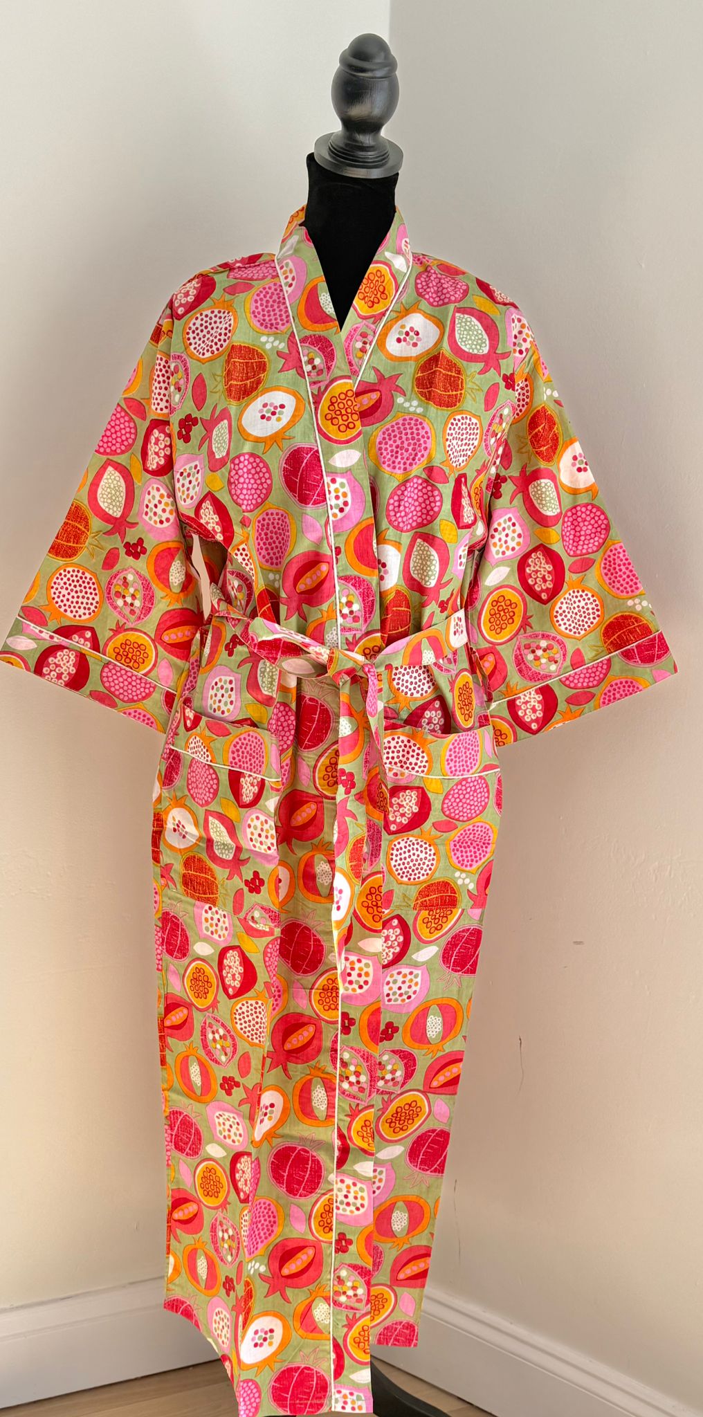 Hot Pink Block Printed Cotton Kimono | Pomegranate Fruit Motif Lounge Robe & Sleepwear