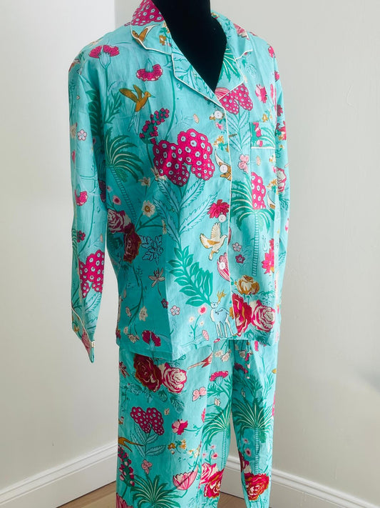 Turquoise & Magenta Floral Botanical Print Cotton Pajama Set, Vibrant Tropical Sleepwear & Lounge Apparel