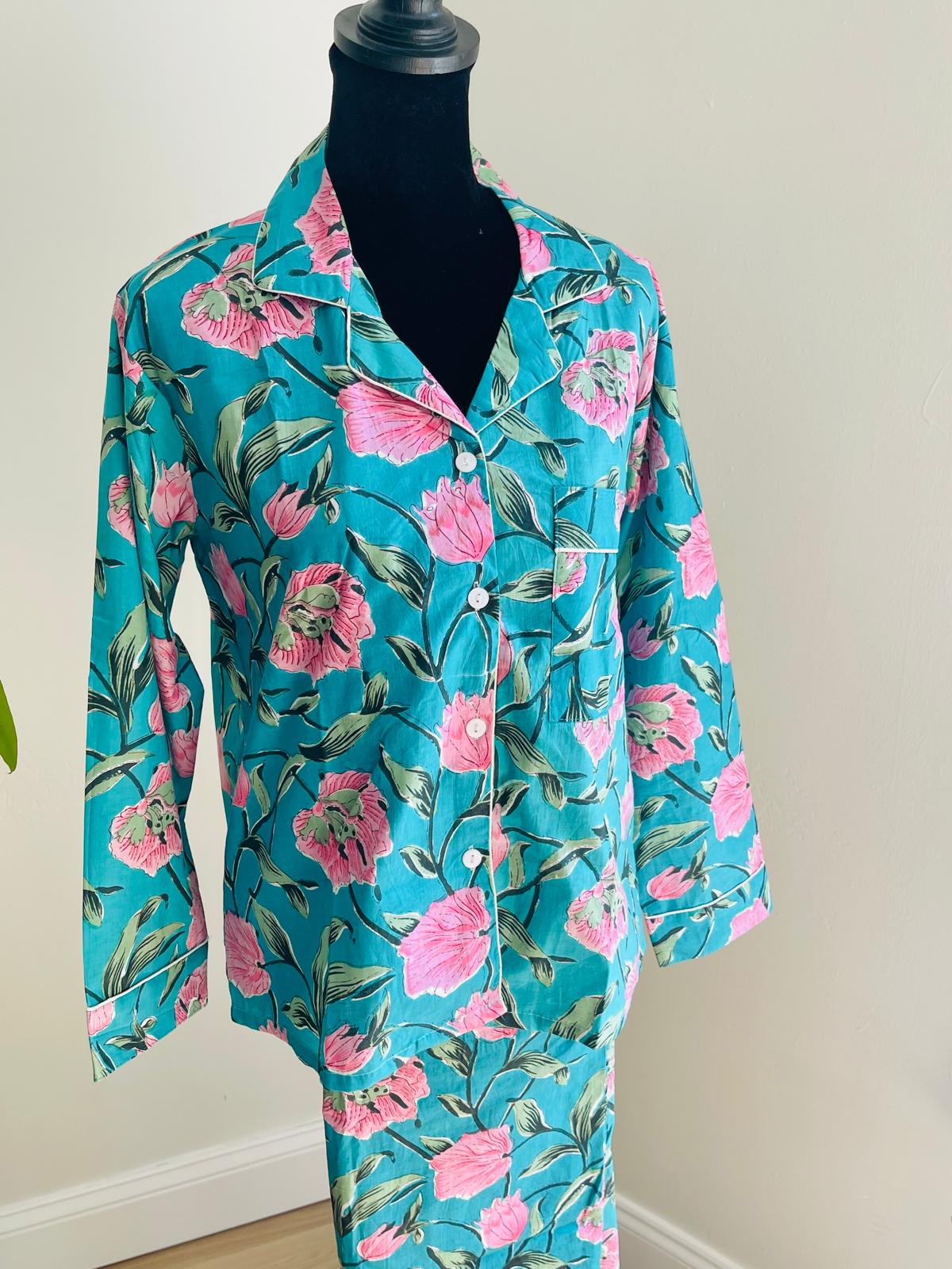 Long Pajama Set in Blossom Blue