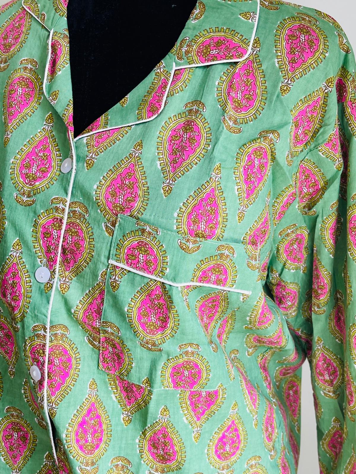 Green Block Printed Long PJ Set