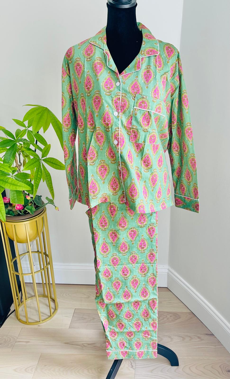Green Block Printed Long PJ Set